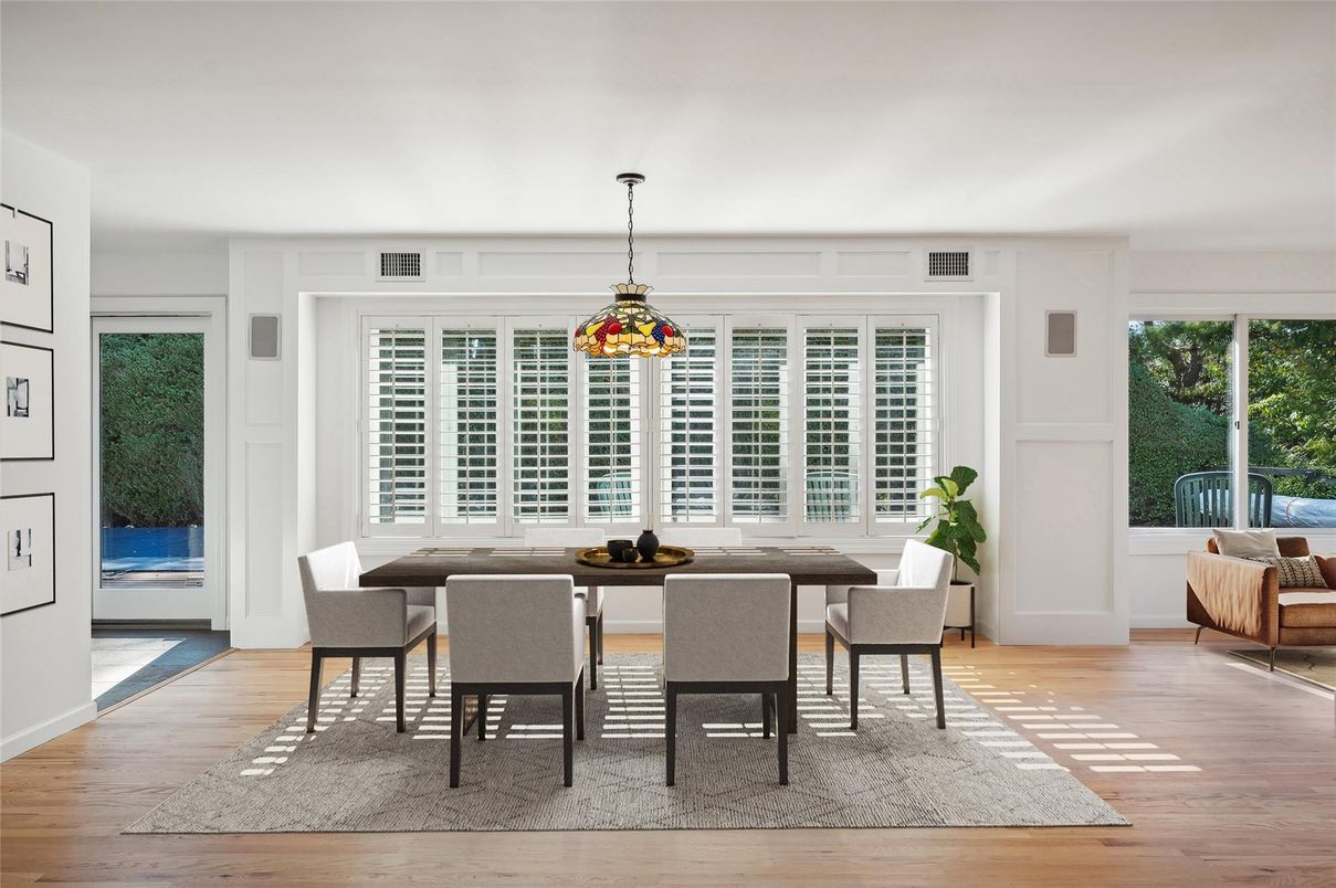 Dining room, Interior, Pendant Lights, Wood Texture Flooring