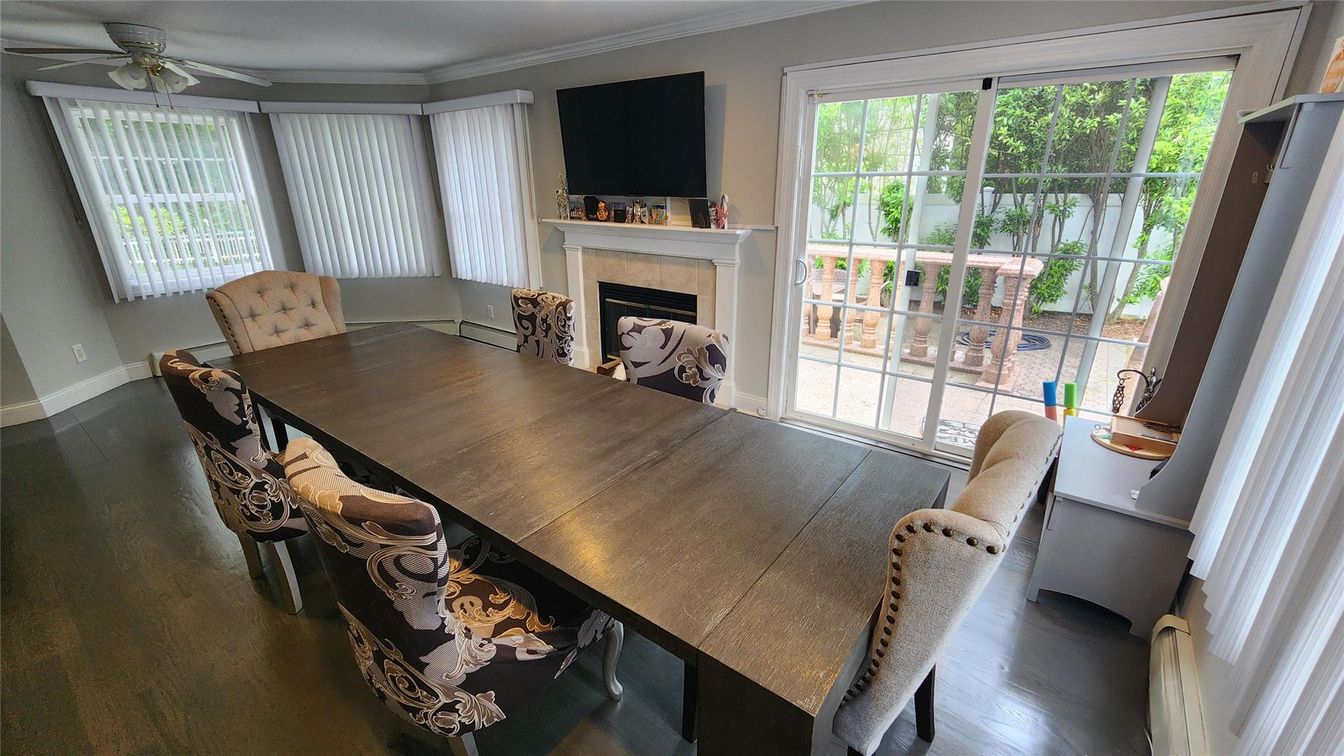 Dining room, Fireplace, Interior, Wood Texture Flooring