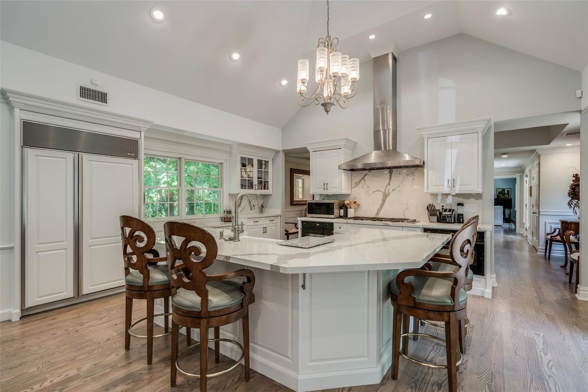 Chandelier, Interior, Kitchen, Recessed Lighting, Stainless Steel Appliances, Wood Texture Flooring