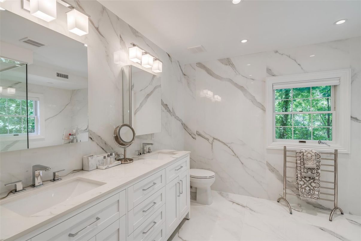 Bathroom, Dual Sink Vanities, Glass Shower, Interior, Marble, Marble Walls, Recessed Lighting
