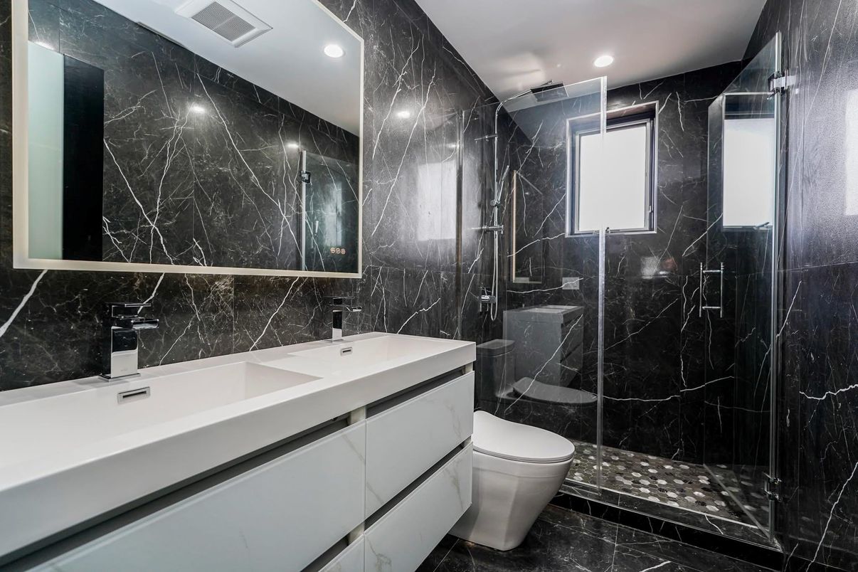 Bathroom, Glass Shower, Interior, Marble, Marble Walls, Recessed Lighting