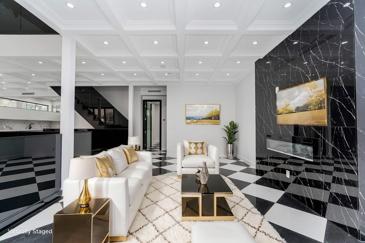 Fireplace, Interior, Living room, Marble Walls, Recessed Lighting