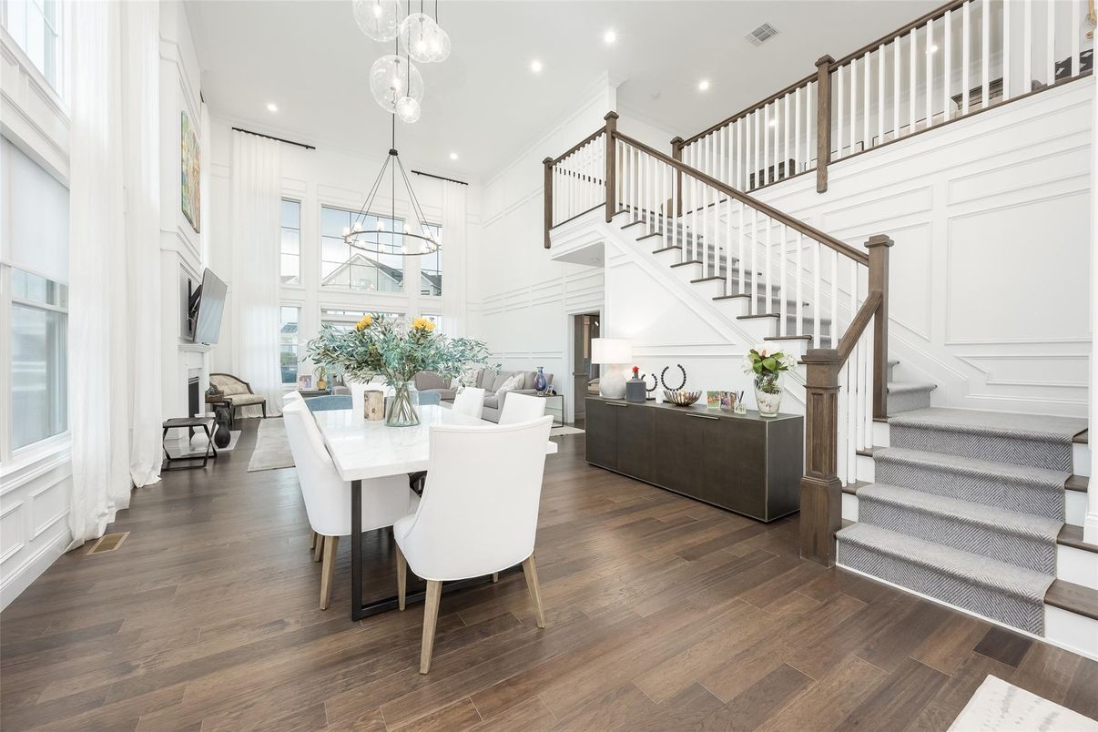 Dining room, Interior, Pendant Lights, Recessed Lighting, Wood Texture Flooring