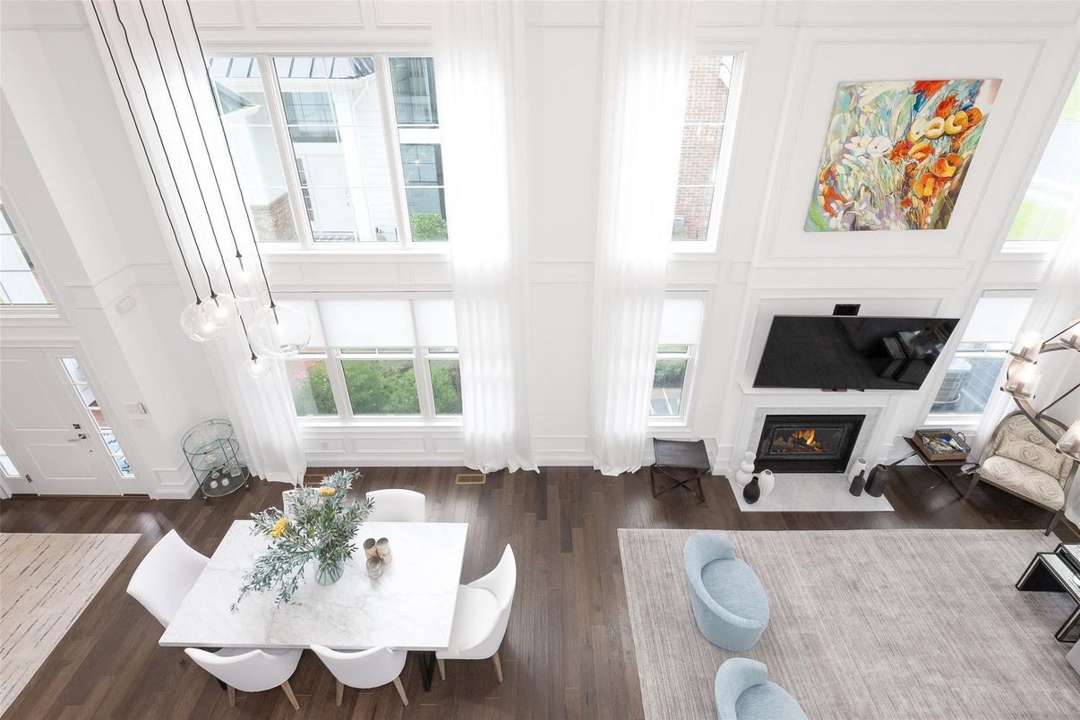 Dining room, Fireplace, Interior, Living room, Pendant Lights, Wood Texture Flooring
