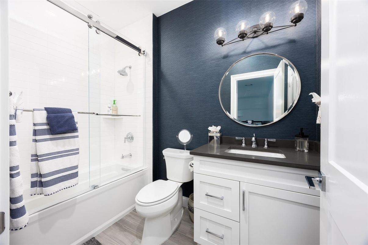 Bathroom, Glass Shower, Interior, Wood Texture Flooring