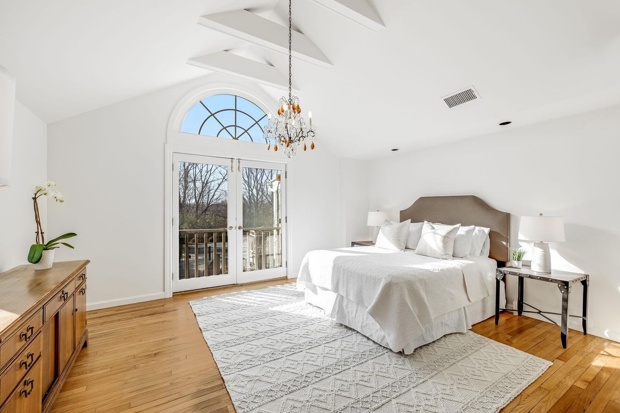 Bedroom, Chandelier, Interior, Wood Texture Flooring