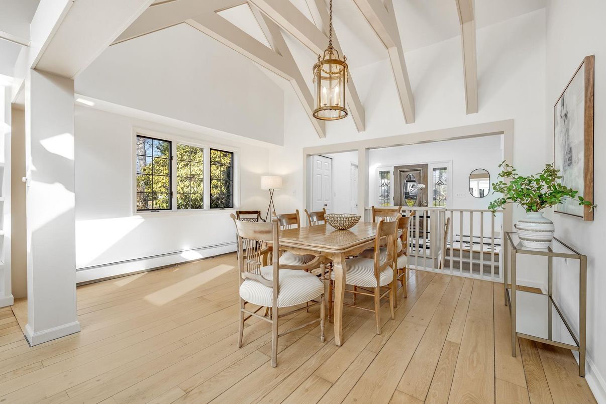 Dining room, Interior, Pendant Lights, Wood Texture Flooring