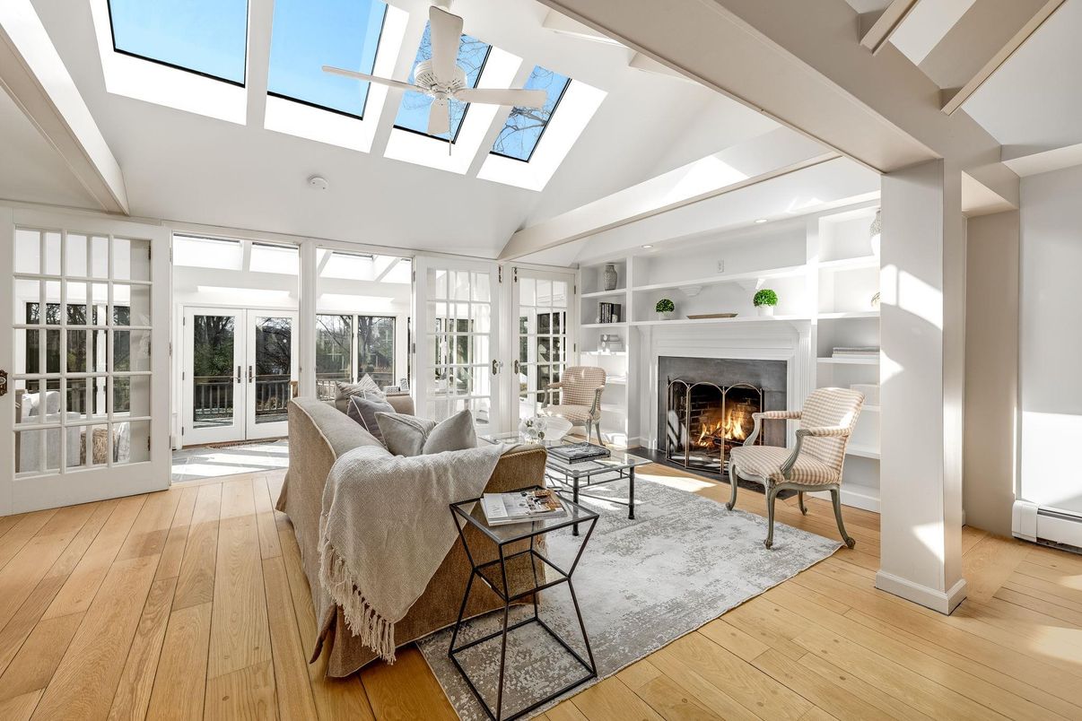 Fireplace, Glass Ceilings, Interior, Living room, Sun Room, Wood Texture Flooring