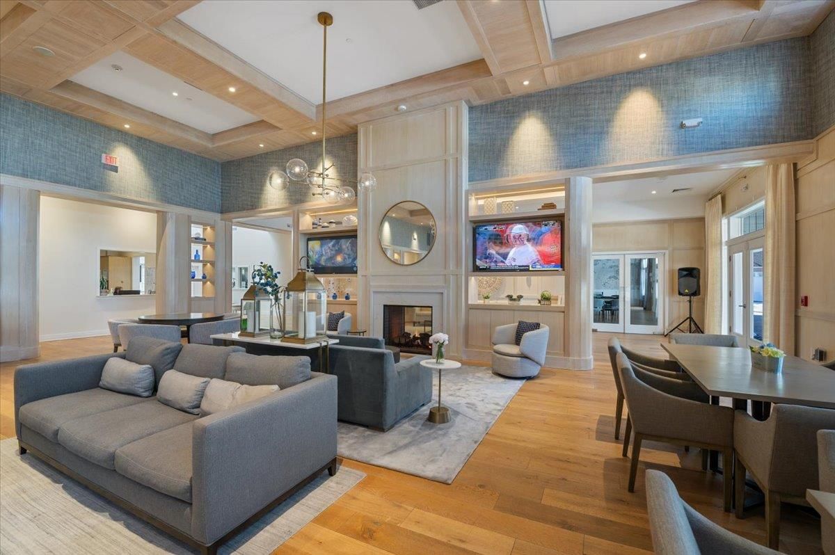 Dining room, Fireplace, Interior, Living room, Pendant Lights, Recessed Lighting, Wood Texture Flooring