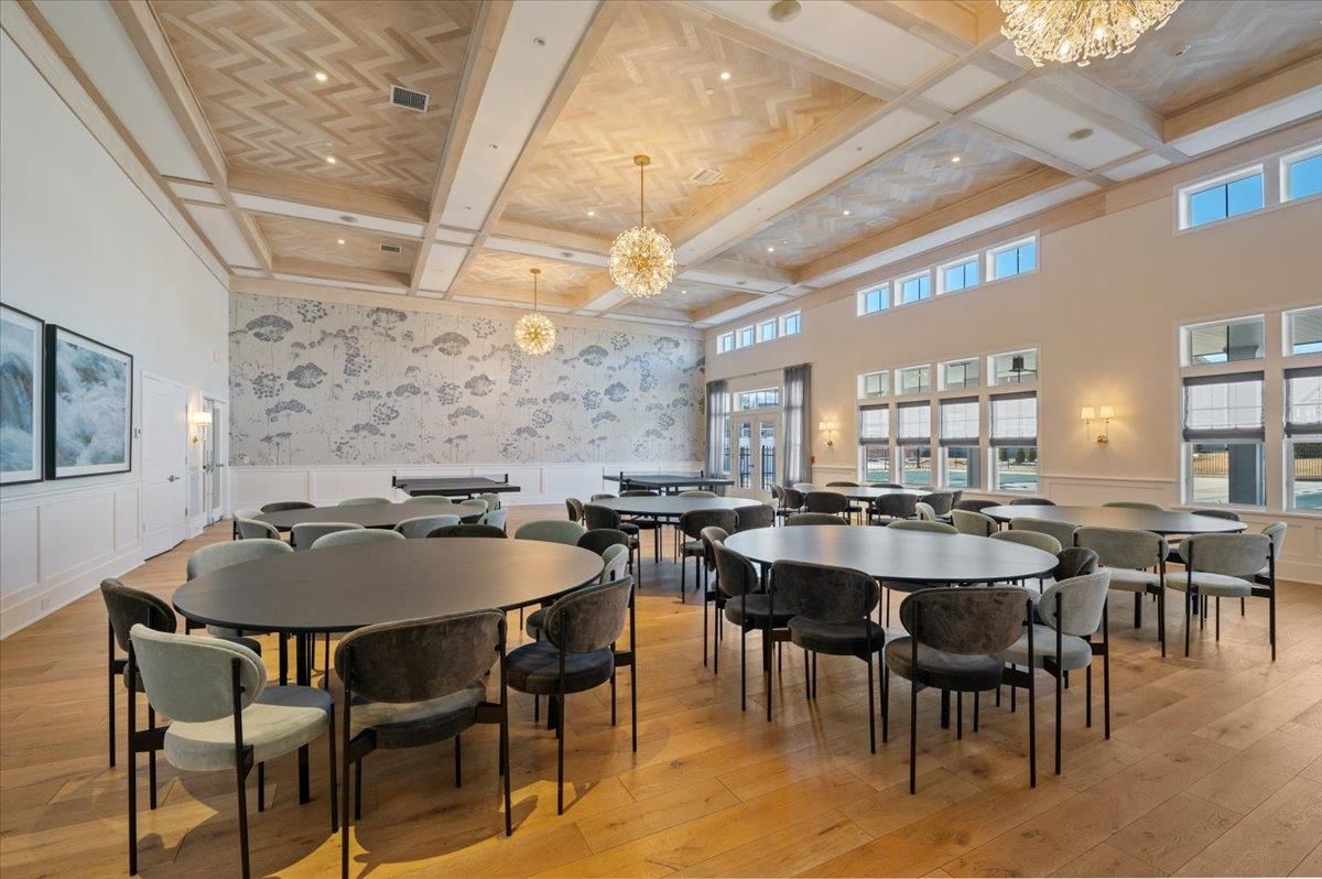 Chandelier, Dining room, Interior, Recessed Lighting, Wood Texture Flooring