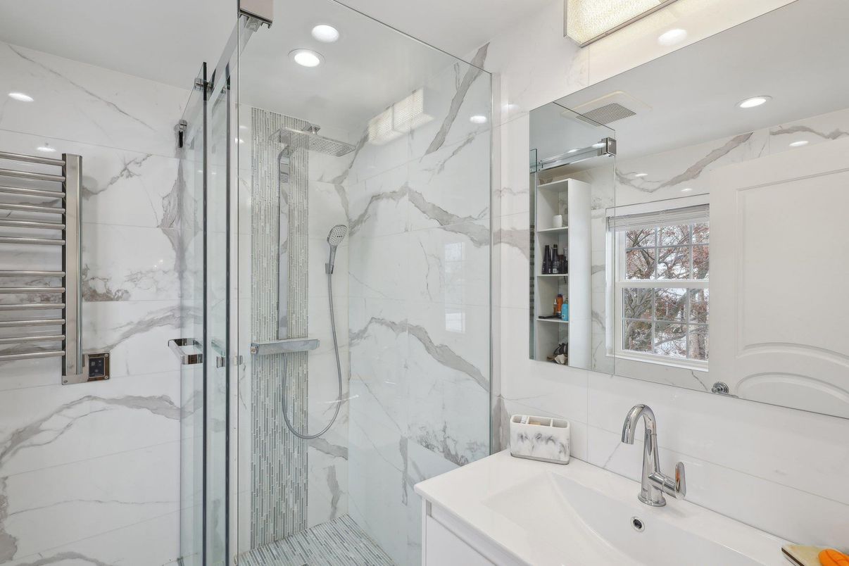 Bathroom, Glass Shower, Interior, Marble Walls, Recessed Lighting