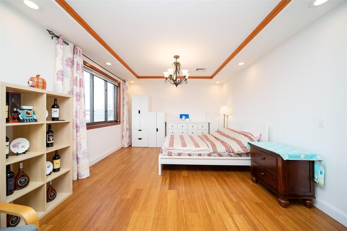 Bedroom, Chandelier, Interior, Recessed Lighting, Wood Texture Flooring