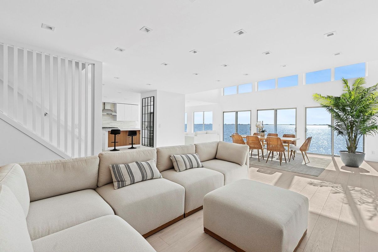 Dining room, Interior, Kitchen, Living room, Recessed Lighting, Water, Wood Texture Flooring