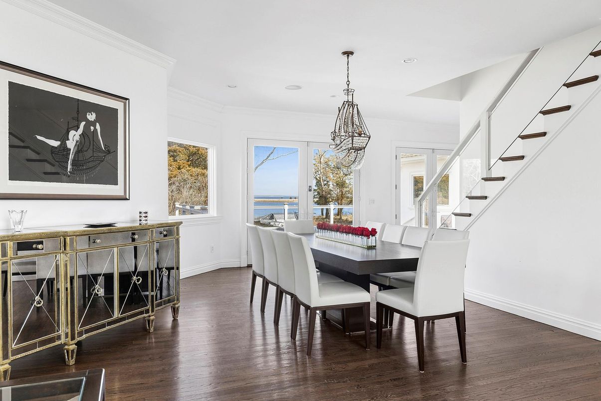 Dining room, Interior, Pendant Lights, Recessed Lighting, Wood Texture Flooring