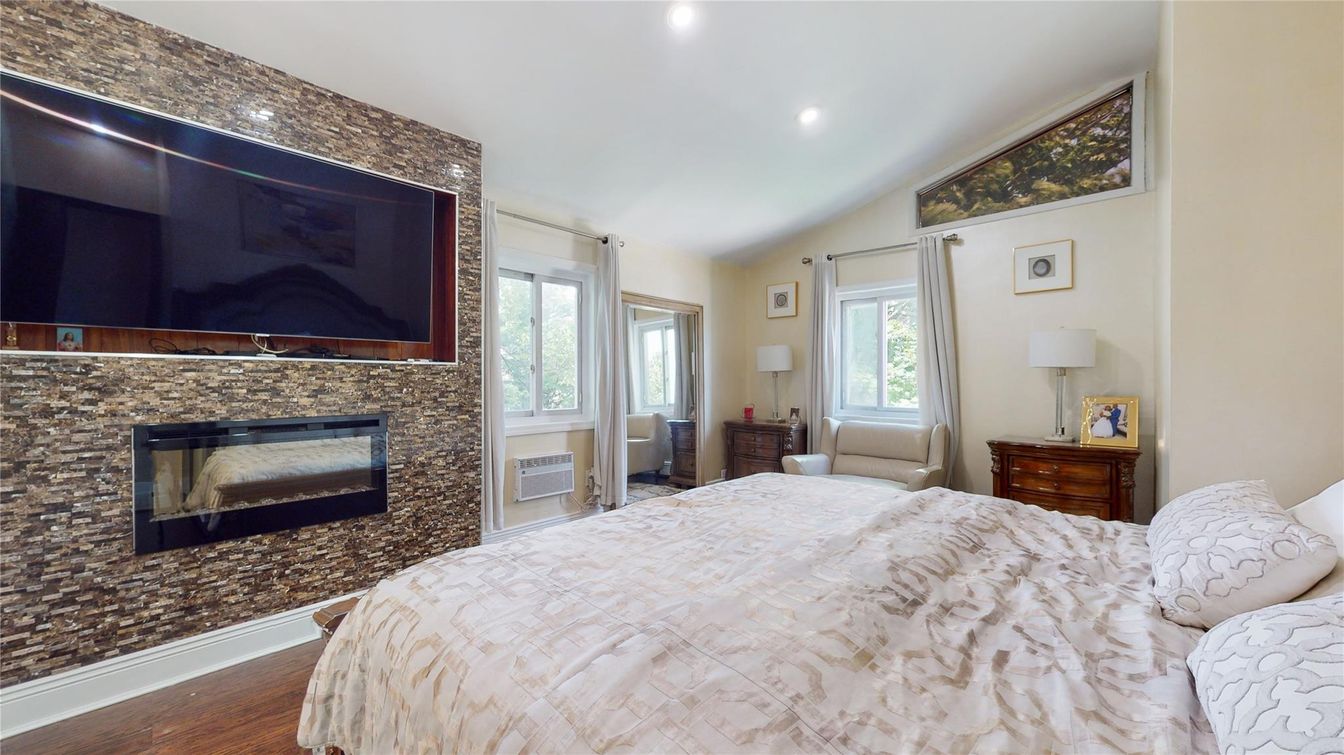 Bedroom, Fireplace, Interior, Recessed Lighting, Wood Texture Flooring