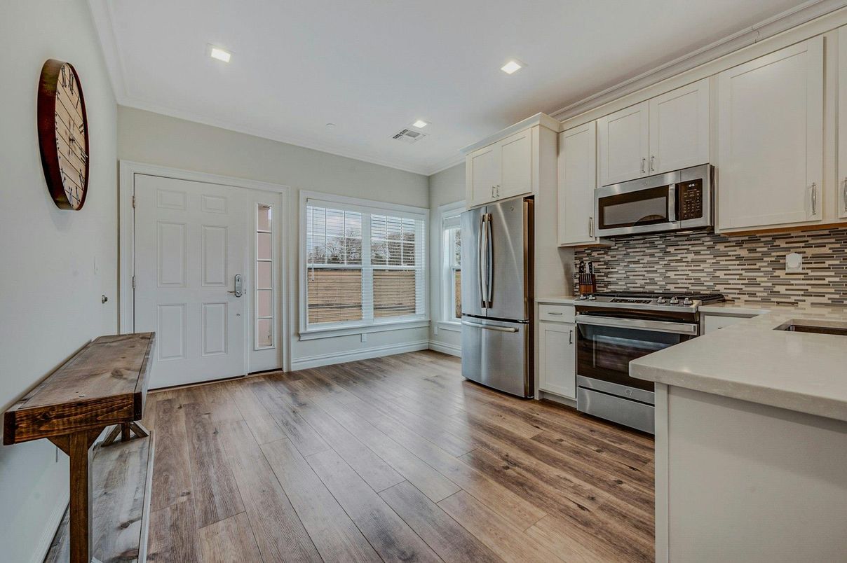 Interior, Kitchen, Recessed Lighting, Stainless Steel Appliances, Wood Texture Flooring