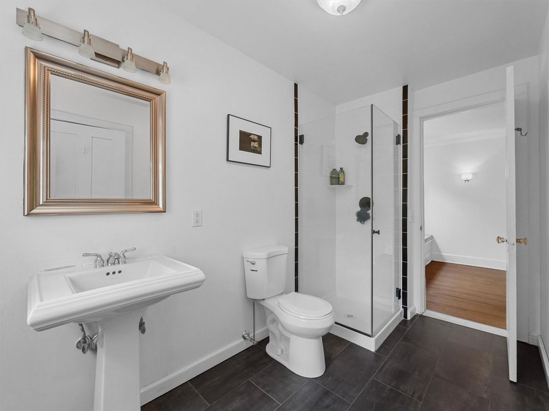 Bathroom, Glass Shower, Interior, Wood Texture Flooring