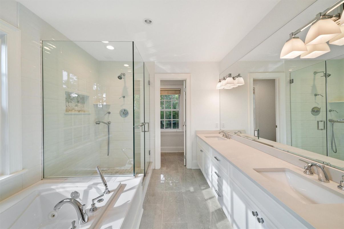 Bathroom, Dual Sink Vanities, Glass Shower, Interior, Recessed Lighting