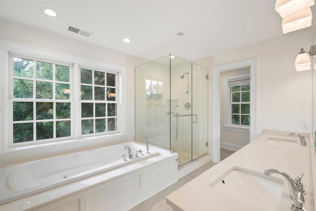 Bathroom, Dual Sink Vanities, Glass Shower, Interior, Recessed Lighting