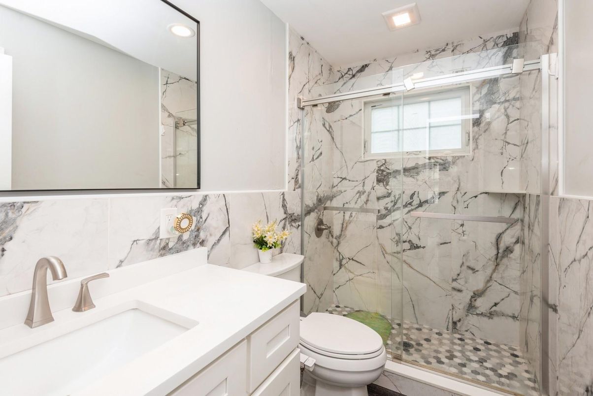 Bathroom, Glass Shower, Interior, Marble Walls, Recessed Lighting