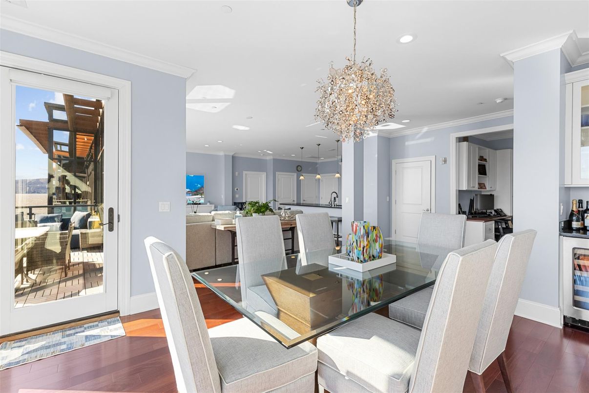 Chandelier, Dining room, Interior, Pendant Lights, Recessed Lighting, Wood Texture Flooring