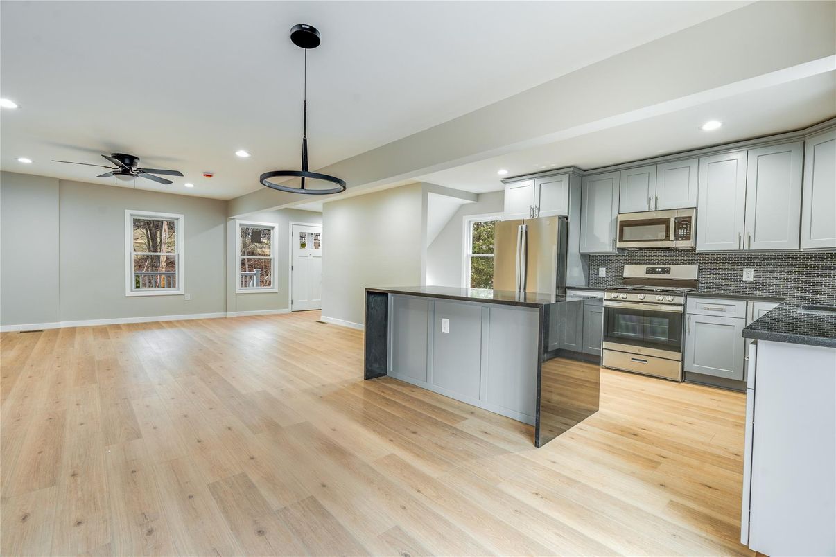 Interior, Kitchen, Pendant Lights, Recessed Lighting, Stainless Steel Appliances, Wood Texture Flooring