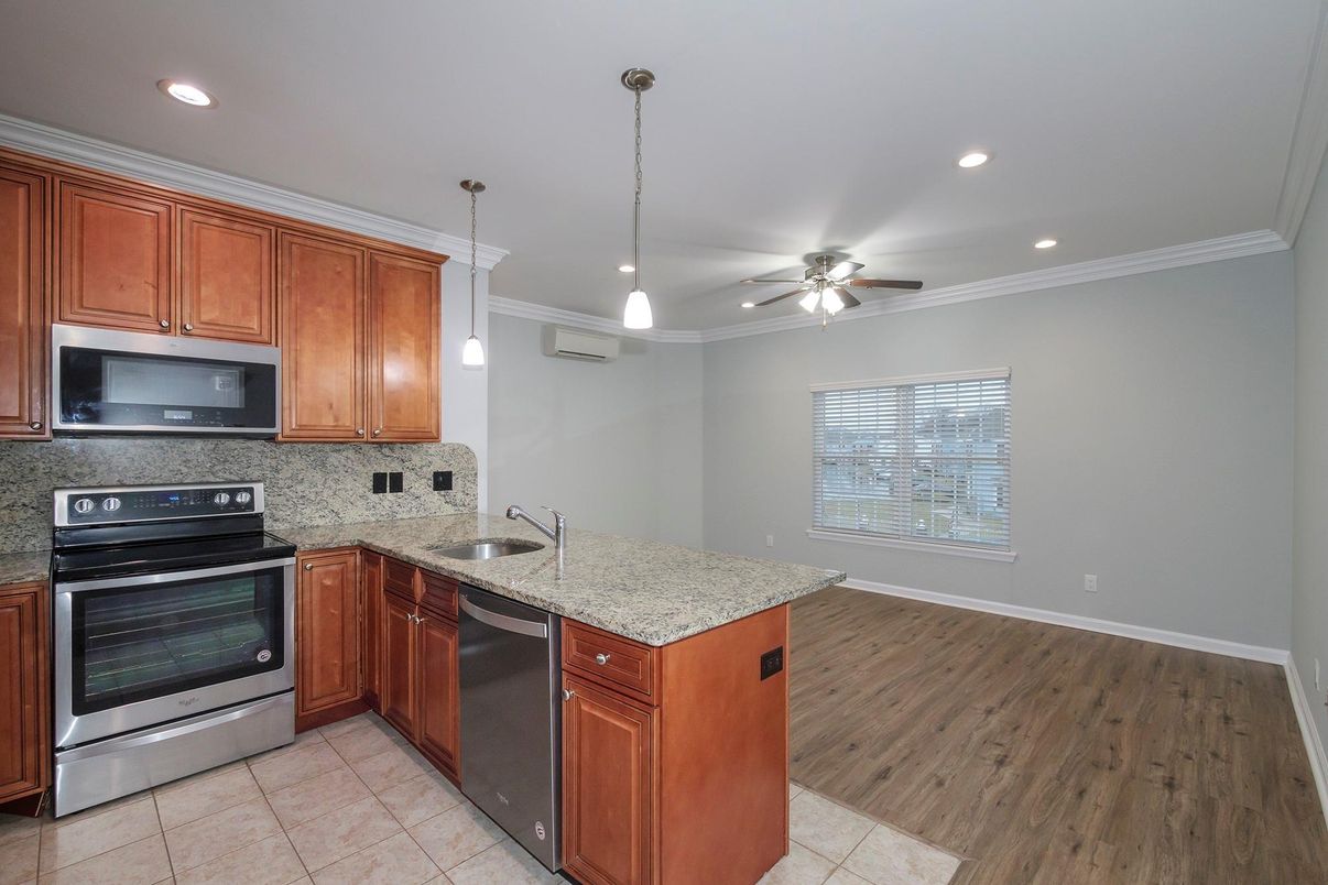Interior, Kitchen, Pendant Lights, Recessed Lighting, Stainless Steel Appliances, Wood Texture Flooring