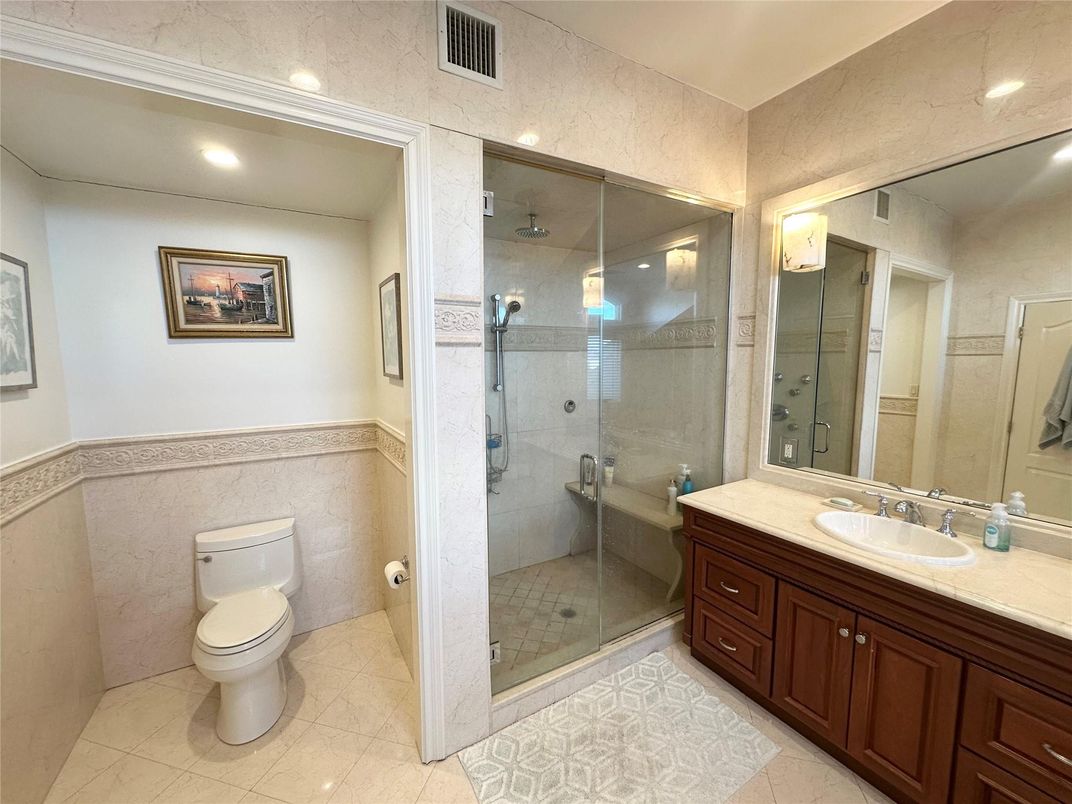 Bathroom, Dual Sink Vanities, Glass Shower, Interior, Recessed Lighting