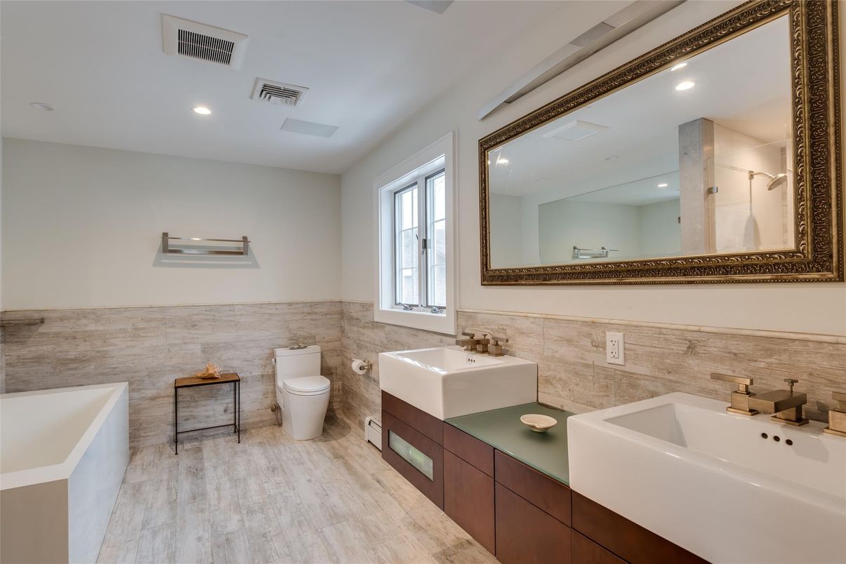 Bathroom, Dual Sink Vanities, Interior, Recessed Lighting, Wood Texture Flooring