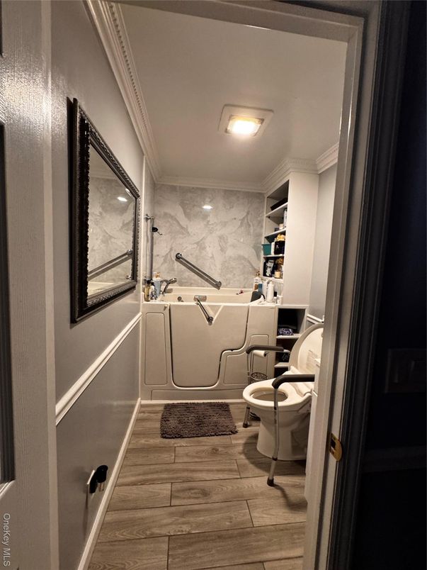 Bathroom, Interior, Marble Walls, Wood Texture Flooring