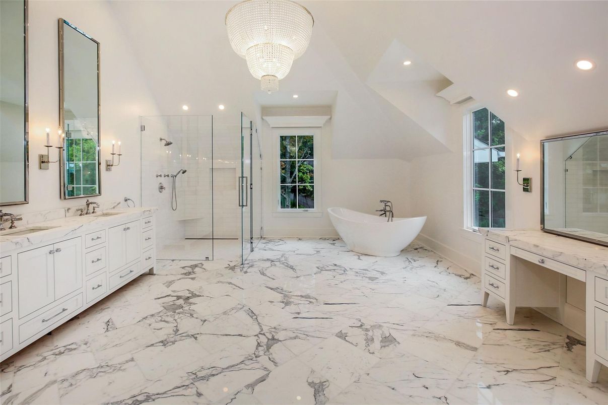 Bathroom, Chandelier, Dual Sink Vanities, Free Standing Baths, Glass Shower, Interior, Marble, Recessed Lighting