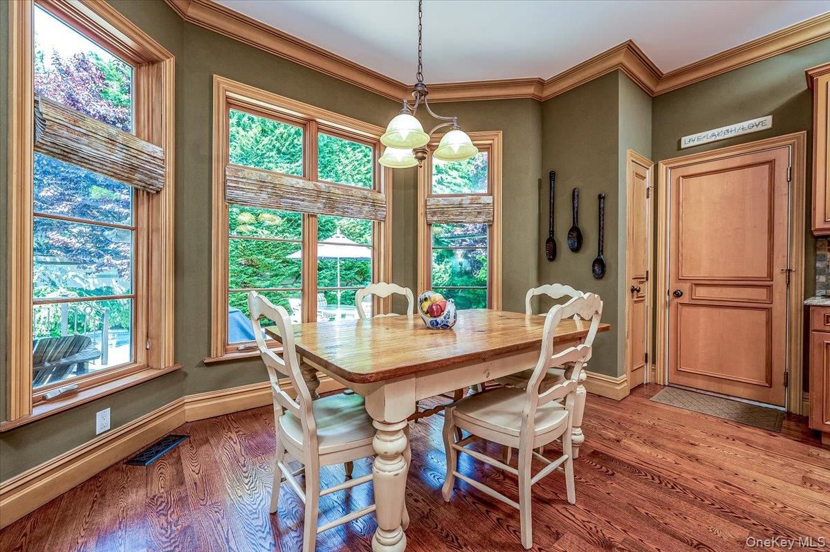 Dining room, Interior, Pendant Lights, Wood Texture Flooring