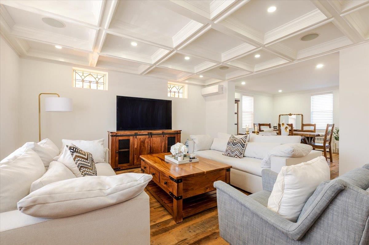 Dining room, Interior, Living room, Recessed Lighting, Wood Texture Flooring