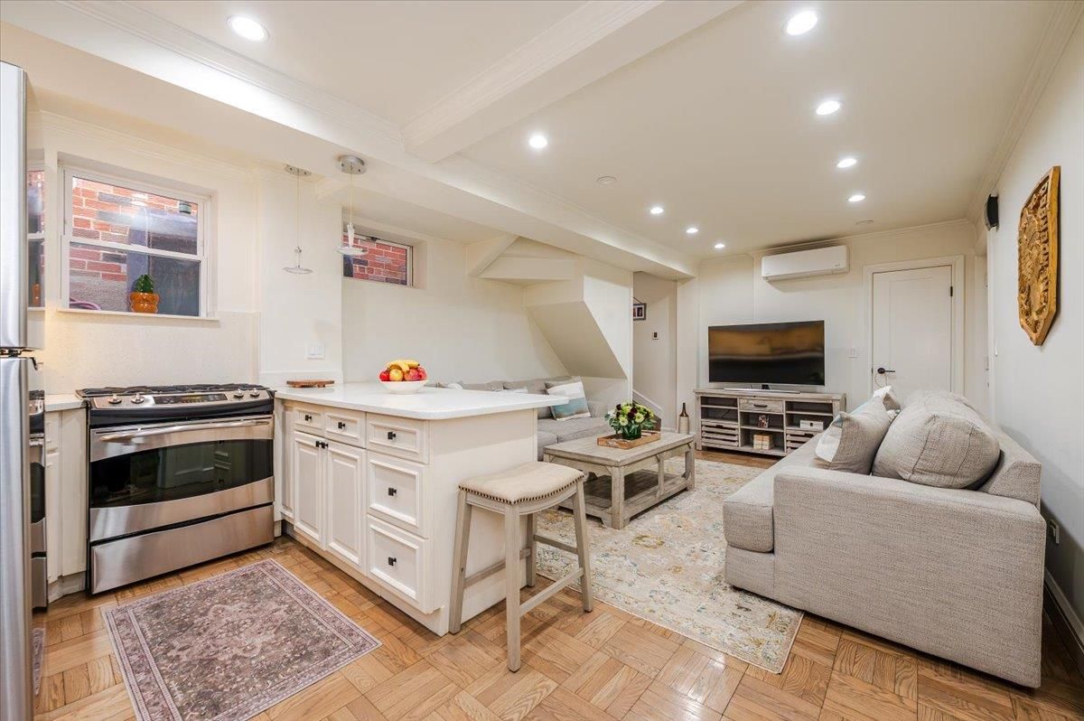 Interior, Kitchen, Living room, Recessed Lighting, Stainless Steel Appliances, Wood Texture Flooring
