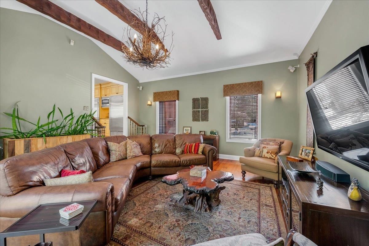 Chandelier, Interior, Living room, Wooden Beams, Wood Texture Flooring