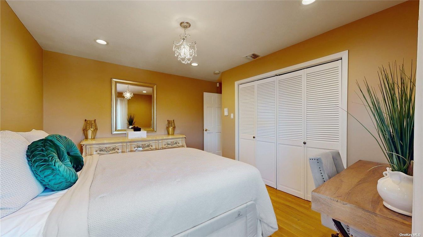 Bedroom, Chandelier, Interior, Recessed Lighting, Wood Texture Flooring