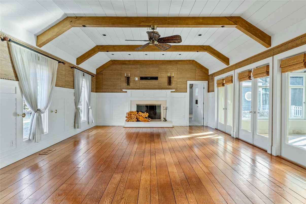 Empty room, Fireplace, Interior, Wooden Beams, Wood Texture Flooring, Wooden Walls