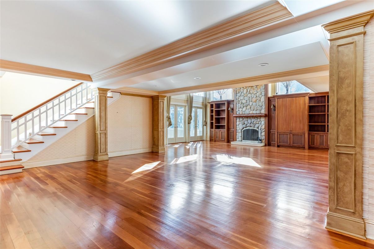 Empty room, Fireplace, Interior, Recessed Lighting, Wooden Beams, Wood Texture Flooring