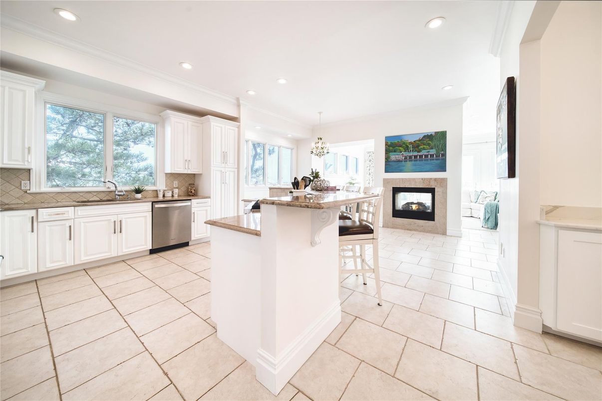 Chandelier, Dining room, Fireplace, Interior, Kitchen, Recessed Lighting, Stainless Steel Appliances