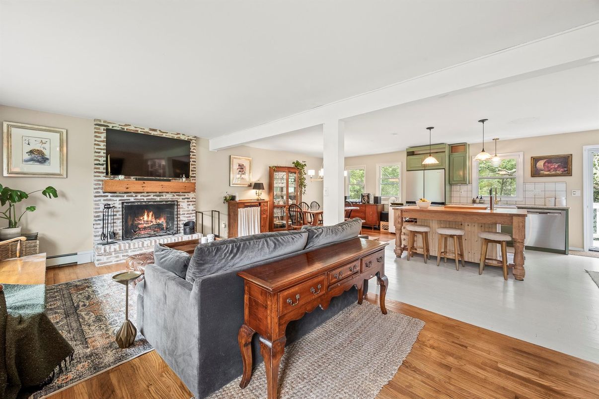 Dining room, Fireplace, Interior, Kitchen, Living room, Pendant Lights, Wood Texture Flooring