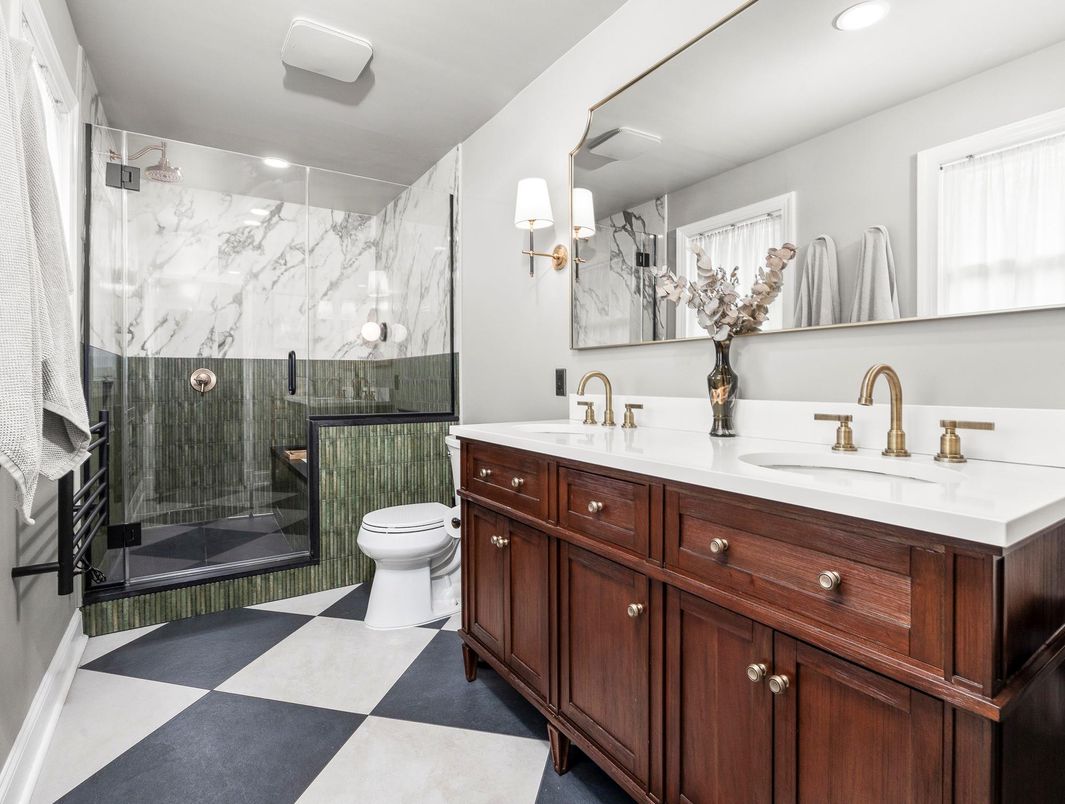 Bathroom, Dual Sink Vanities, Glass Shower, Interior, Marble Walls, Recessed Lighting