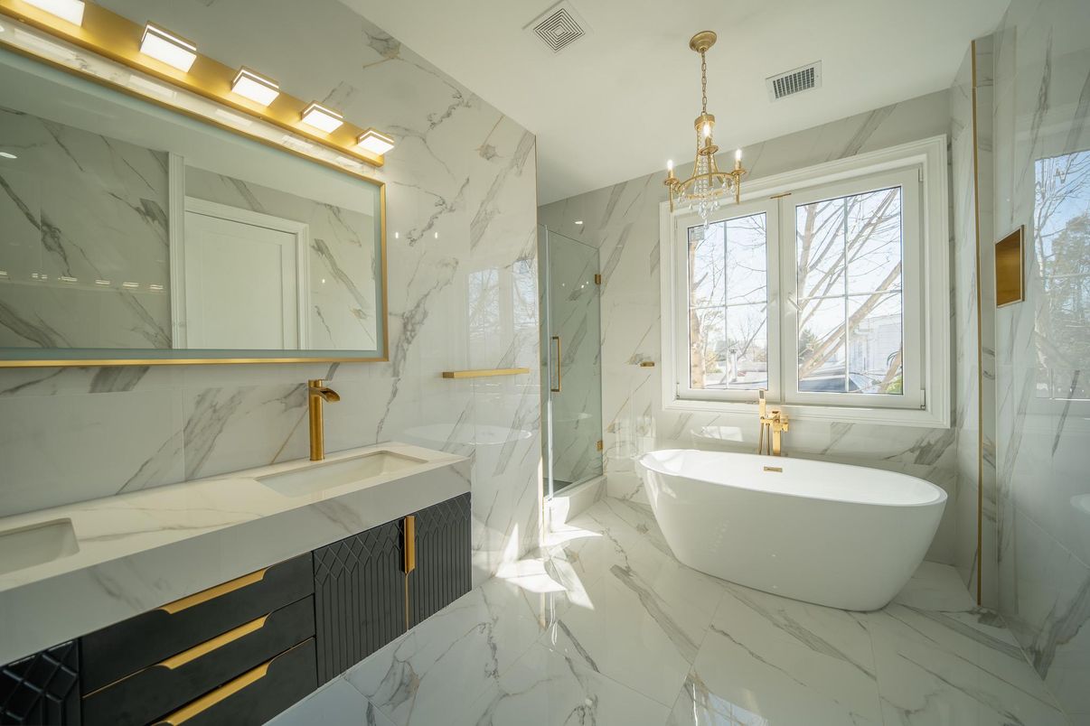 Bathroom, Dual Sink Vanities, Free Standing Baths, Glass Shower, Interior, Marble, Marble Walls