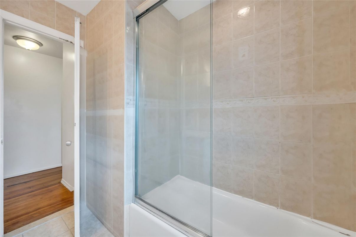 Bathroom, Glass Shower, Interior, Wood Texture Flooring