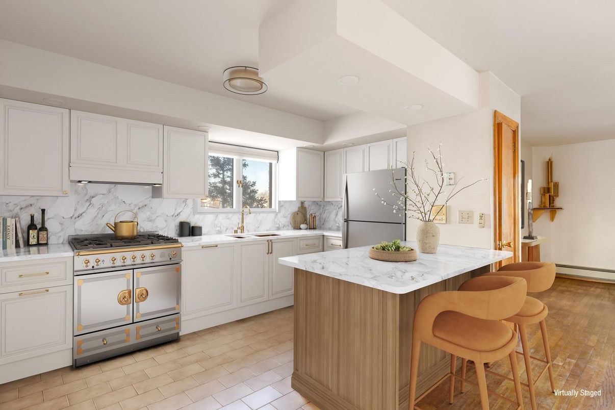 Interior, Kitchen, Marble Walls, Stainless Steel Appliances, Wood Texture Flooring
