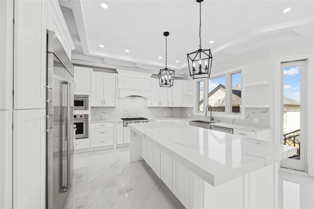 Interior, Kitchen, Marble, Pendant Lights, Recessed Lighting, Stainless Steel Appliances