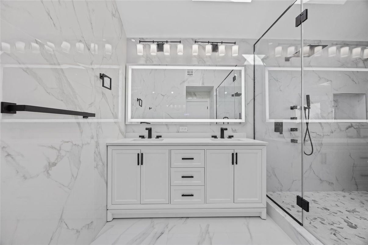 Bathroom, Dual Sink Vanities, Glass Shower, Interior, Marble, Marble Walls