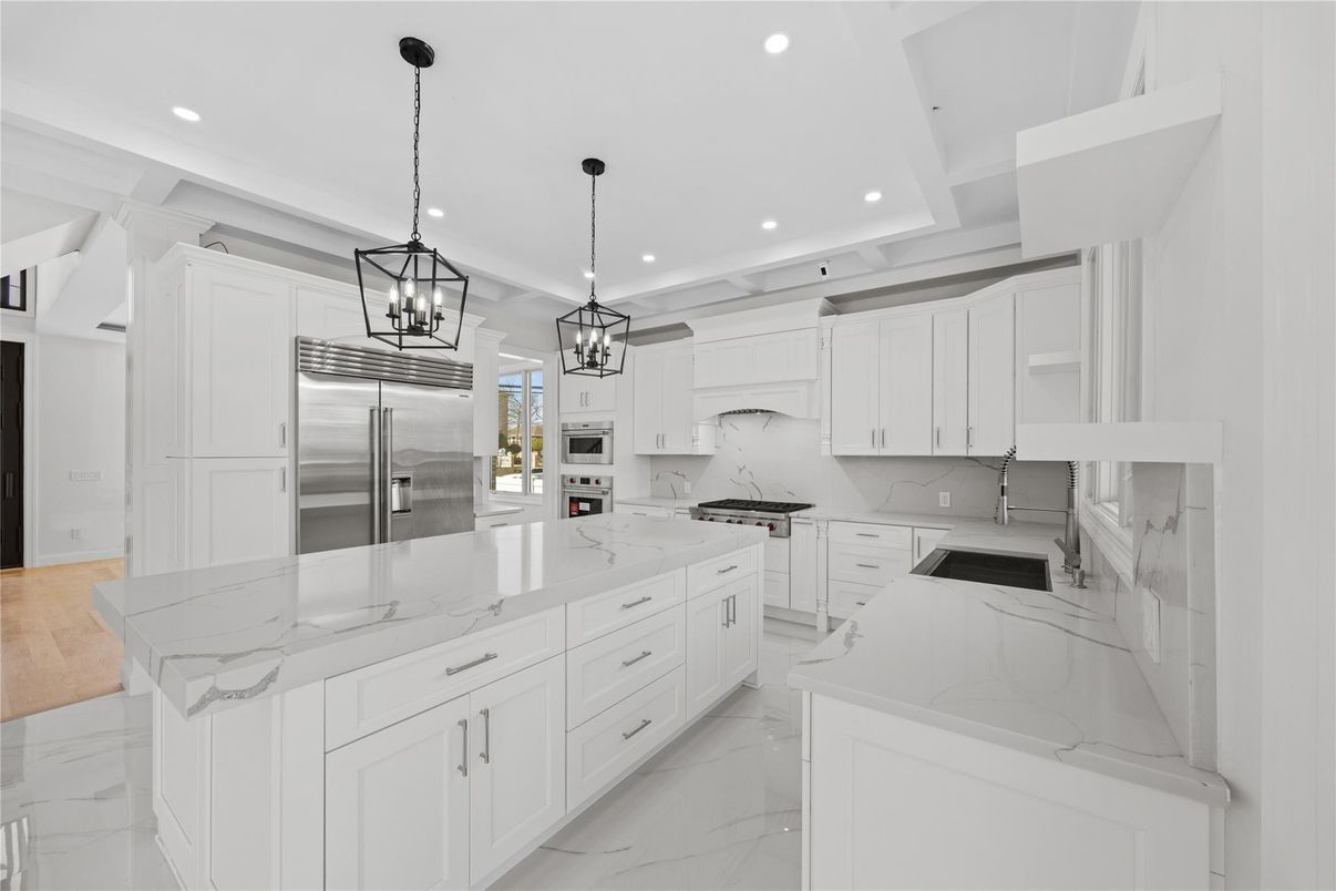 Interior, Kitchen, Marble, Pendant Lights, Recessed Lighting, Stainless Steel Appliances