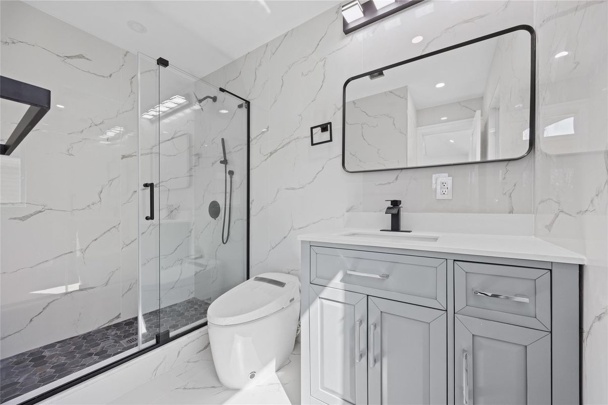 Bathroom, Glass Shower, Interior, Marble, Marble Walls, Recessed Lighting