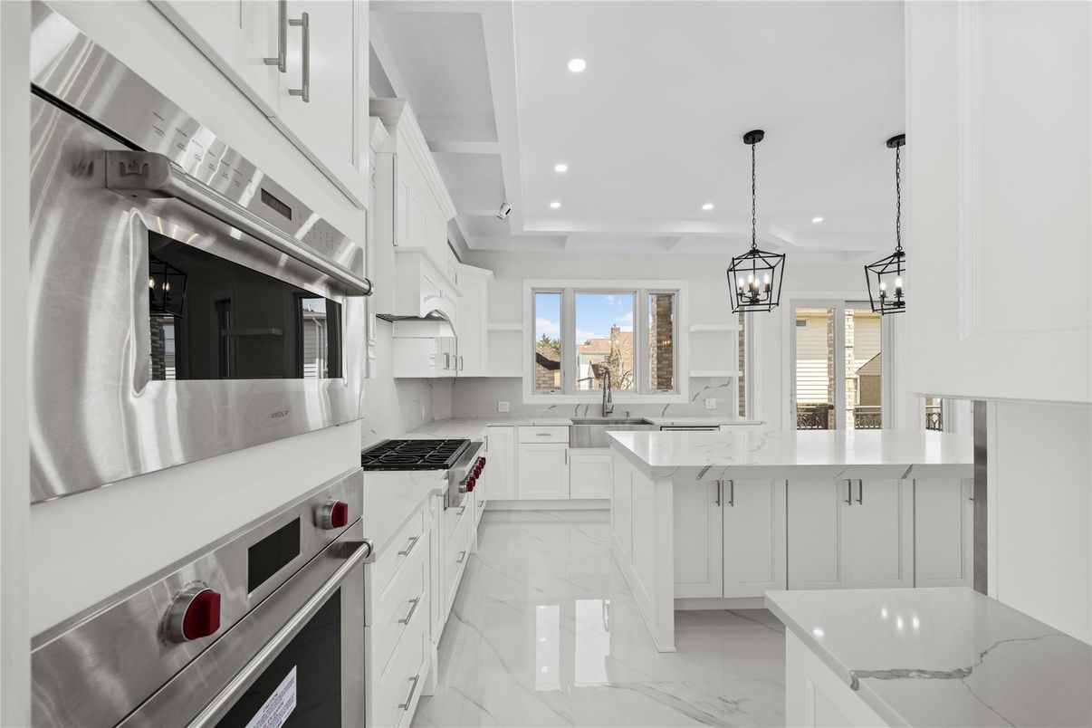 Interior, Kitchen, Marble, Pendant Lights, Recessed Lighting, Stainless Steel Appliances