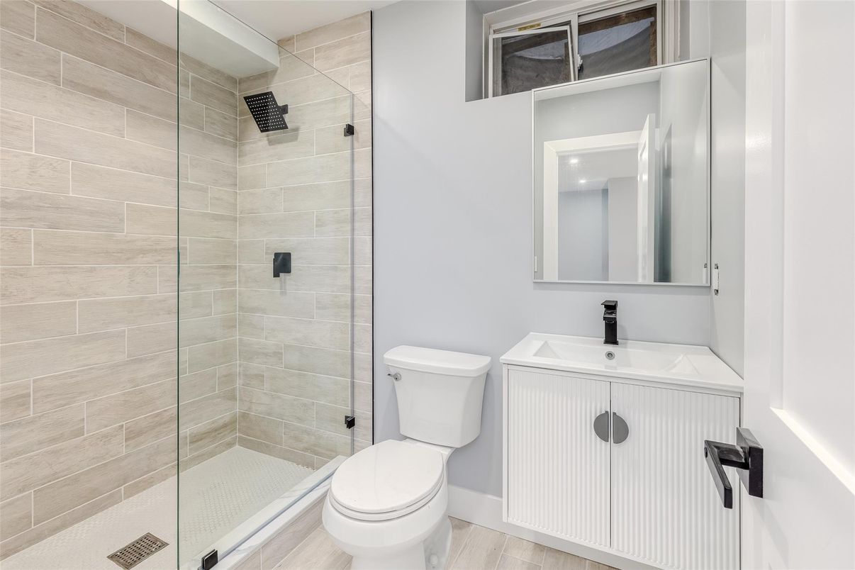 Bathroom, Glass Shower, Interior, Wood Texture Flooring